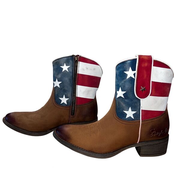 Sheryl Crow Americana Patriot Ankle Western Boots Leather Stars Stripes 7.5 M - Picture 1 of 11